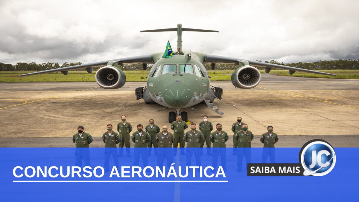 Concurso Aeronáutica: militares perfilados à frente de avião