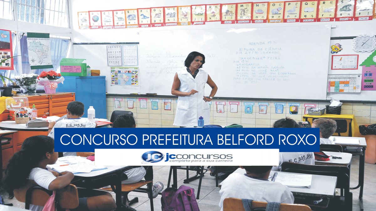 Concurso Prefeitura de Belford Roxo - professor e estudantes em sala de aula